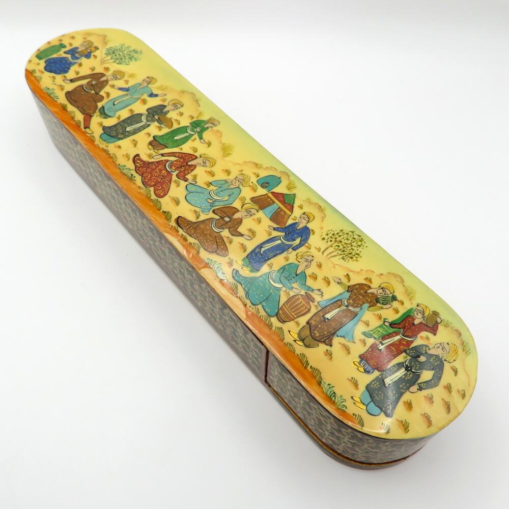 Vintage Hand Painted Persian Miniature Style Wooden Sliding Lid Trinket Box 10"